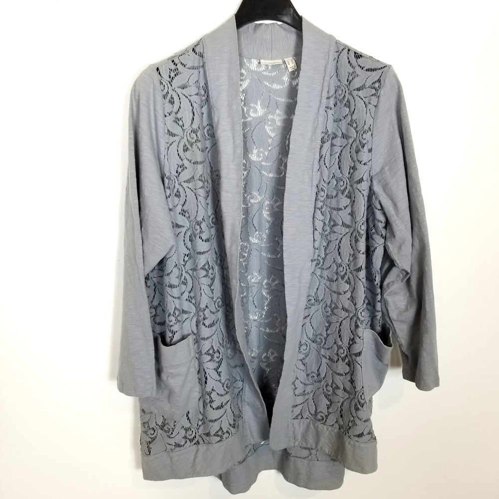 Logo by Lori Goldstein Open Front Slub Cardigan Women Sz 3X Lace Detail Gray
